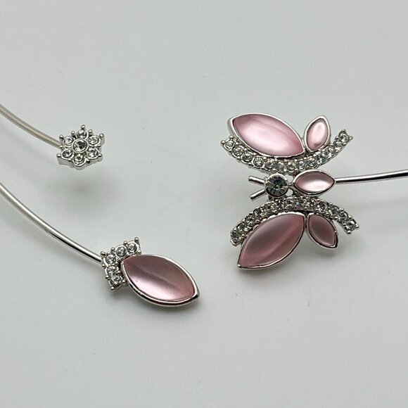 Pink Butterfly Silver Toner Choker Necklace Collar Rhinestone Accents - Picture 3 of 6
